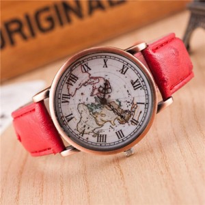 Vintage World Map Design Roman Numeral Leather Wrist Watch - Red