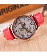 Vintage World Map Design Roman Numeral Leather Wrist Watch - Red