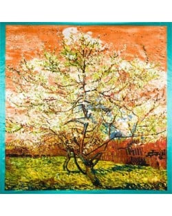 Folk Fence Prosperous Tree Oil Painting Romantic Design Women Square Scarf - Blue