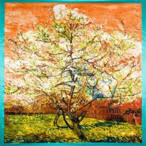 Folk Fence Prosperous Tree Oil Painting Romantic Design Women Square Scarf - Blue