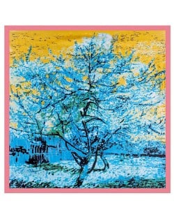 Folk Fence Prosperous Tree Oil Painting Romantic Design Women Square Scarf - Pink