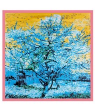 Folk Fence Prosperous Tree Oil Painting Romantic Design Women Square Scarf - Pink