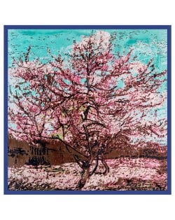 Folk Fence Prosperous Tree Oil Painting Romantic Design Women Square Scarf - Royal Blue