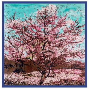 Folk Fence Prosperous Tree Oil Painting Romantic Design Women Square Scarf - Royal Blue
