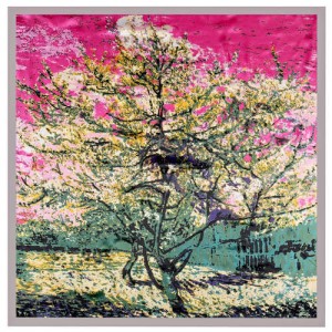 Folk Fence Prosperous Tree Oil Painting Romantic Design Women Square Scarf - Gray