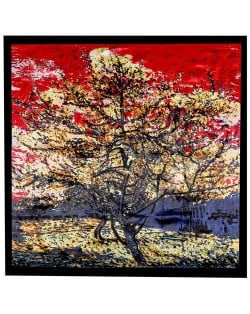 Folk Fence Prosperous Tree Oil Painting Romantic Design Women Square Scarf - Black