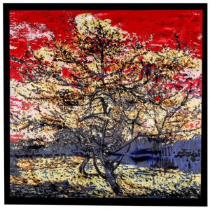 Folk Fence Prosperous Tree Oil Painting Romantic Design Women Square Scarf - Black