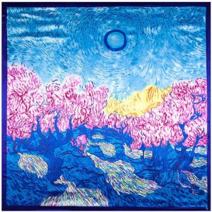 Summer Forest Oil Painting Attractive Design Artificial Silk 90*90 cm Women Square Scarf - Blue