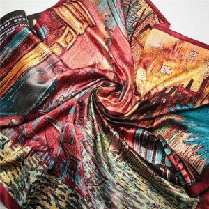 French Coffee Shop Oil Painting Theme 90*90 cm Artificial Silk Women Square Scarf - Red