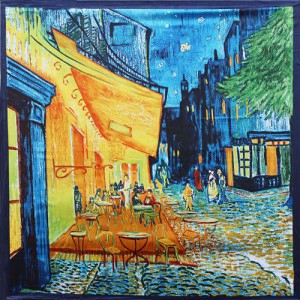 French Coffee Shop Oil Painting Theme 90*90 cm Artificial Silk Women Square Scarf - Blue