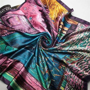 French Coffee Shop Oil Painting Theme 90*90 cm Artificial Silk Women Square Scarf - Purple