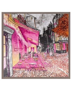 French Coffee Shop Oil Painting Theme 90*90 cm Artificial Silk Women Square Scarf - Gray