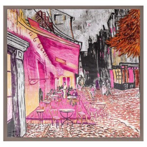 French Coffee Shop Oil Painting Theme 90*90 cm Artificial Silk Women Square Scarf - Gray