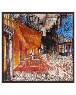 French Coffee Shop Oil Painting Theme 90*90 cm Artificial Silk Women Square Scarf - Brown