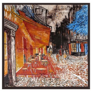 French Coffee Shop Oil Painting Theme 90*90 cm Artificial Silk Women Square Scarf - Brown