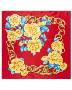 Gold Chain Prosperous Roses Embellished Classic Design Fashion Women Square Scarf - Red