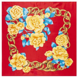 Gold Chain Prosperous Roses Embellished Classic Design Fashion Women Square Scarf - Red