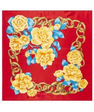 Gold Chain Prosperous Roses Embellished Classic Design Fashion Women Square Scarf - Red