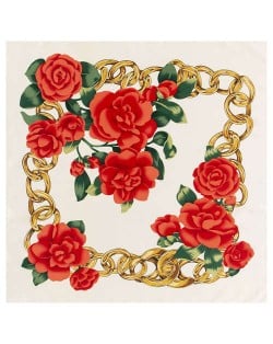 Gold Chain Prosperous Roses Embellished Classic Design Fashion Women Square Scarf - White