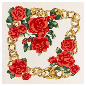 Gold Chain Prosperous Roses Embellished Classic Design Fashion Women Square Scarf - White