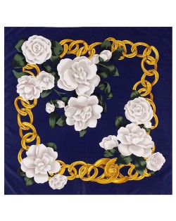 Gold Chain Prosperous Roses Embellished Classic Design Fashion Women Square Scarf - Ink Blue