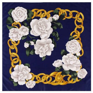 Gold Chain Prosperous Roses Embellished Classic Design Fashion Women Square Scarf - Ink Blue