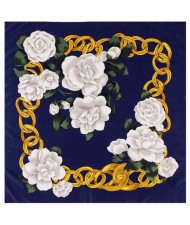 Gold Chain Prosperous Roses Embellished Classic Design Fashion Women Square Scarf - Ink Blue