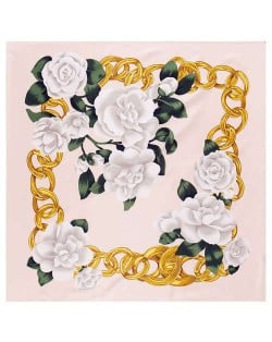 Gold Chain Prosperous Roses Embellished Classic Design Fashion Women Square Scarf - Pink