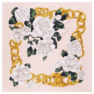 Gold Chain Prosperous Roses Embellished Classic Design Fashion Women Square Scarf - Pink