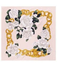 Gold Chain Prosperous Roses Embellished Classic Design Fashion Women Square Scarf - Pink