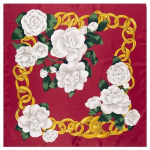 Gold Chain Prosperous Roses Embellished Classic Design Fashion Women Square Scarf - Wine Red
