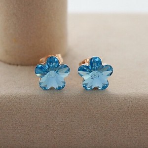 Cute Blue Austrian Crystal Flower Rose Gold Ear Studs