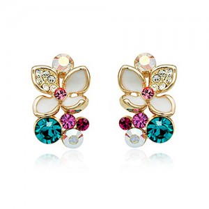 Floral Design Austrian Crystal Inlaid Rose Gold Ear Studs