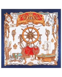 Royal Fashion Rudder and Carriage Combo Design Artificial Silk Square Women Scarf - Ink Blue