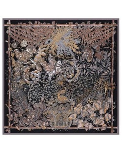 Forest and Animals Artistic Design High Fashion 130*130 cm Artificial Silk Square Women Scarf - Black