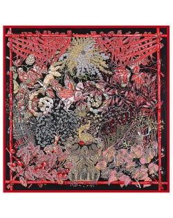 Forest and Animals Artistic Design High Fashion 130*130 cm Artificial Silk Square Women Scarf - Wine Red