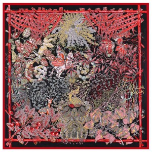 Forest and Animals Artistic Design High Fashion 130*130 cm Artificial Silk Square Women Scarf - Wine Red