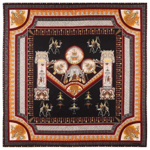 Vintage Court Style Camel Pattern Women Artificial Silk Square Scarf - Black