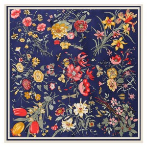 Assorted Prosperous Floral Pattern Fashion Design 130*130 cm Artificial Silk Square Women Scarf - Ink Blue