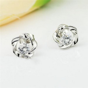 Hollow-out Shape Flower with Austrian Crystal Embedded Ear Studs - Silver
