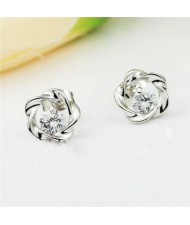 Hollow-out Shape Flower with Austrian Crystal Embedded Ear Studs - Silver