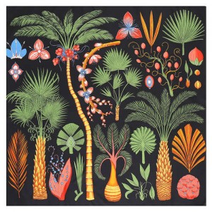 Various Forest Plants Pattern Design Autumn Fashion Artificial Silk Women Square Scarf - Black