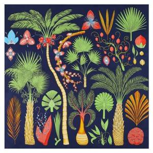 Various Forest Plants Pattern Design Autumn Fashion Artificial Silk Women Square Scarf - Ink Blue