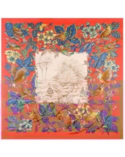 Pastoral Design Women Artificial Silk Square Scarf - Red