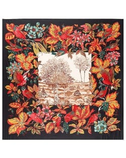 Pastoral Design Women Artificial Silk Square Scarf - Black