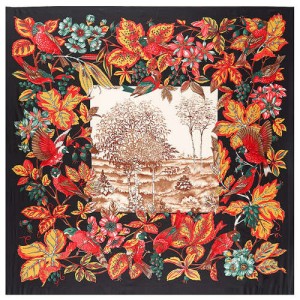 Pastoral Design Women Artificial Silk Square Scarf - Black
