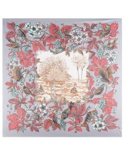 Pastoral Design Women Artificial Silk Square Scarf - Gray