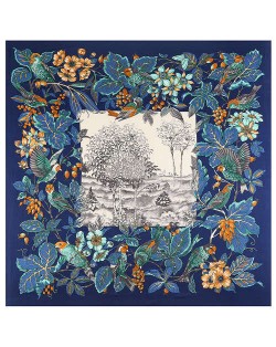 Pastoral Design Women Artificial Silk Square Scarf - Ink Blue