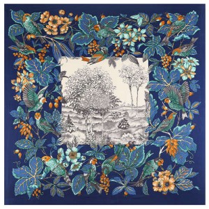 Pastoral Design Women Artificial Silk Square Scarf - Ink Blue