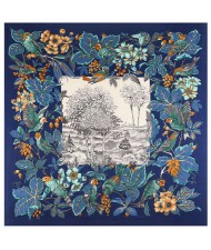 Pastoral Design Women Artificial Silk Square Scarf - Ink Blue